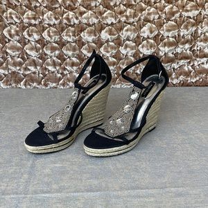 White House Black Market Lola Black Embellished Espadrille Wedges Size 8.5